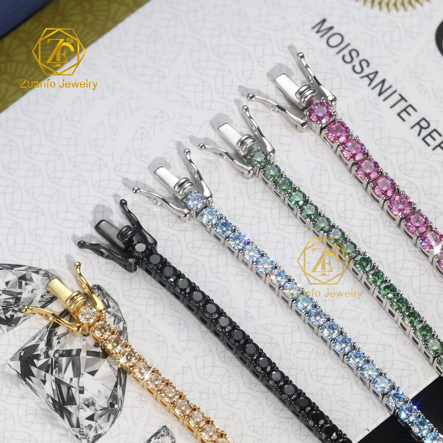 ZuanfoJewelry Customize Moissanite Chain 3/4/5mm 18k Gold Plated Silver Yellow Blue Green Hiphop Tennis Chain Bracelets
