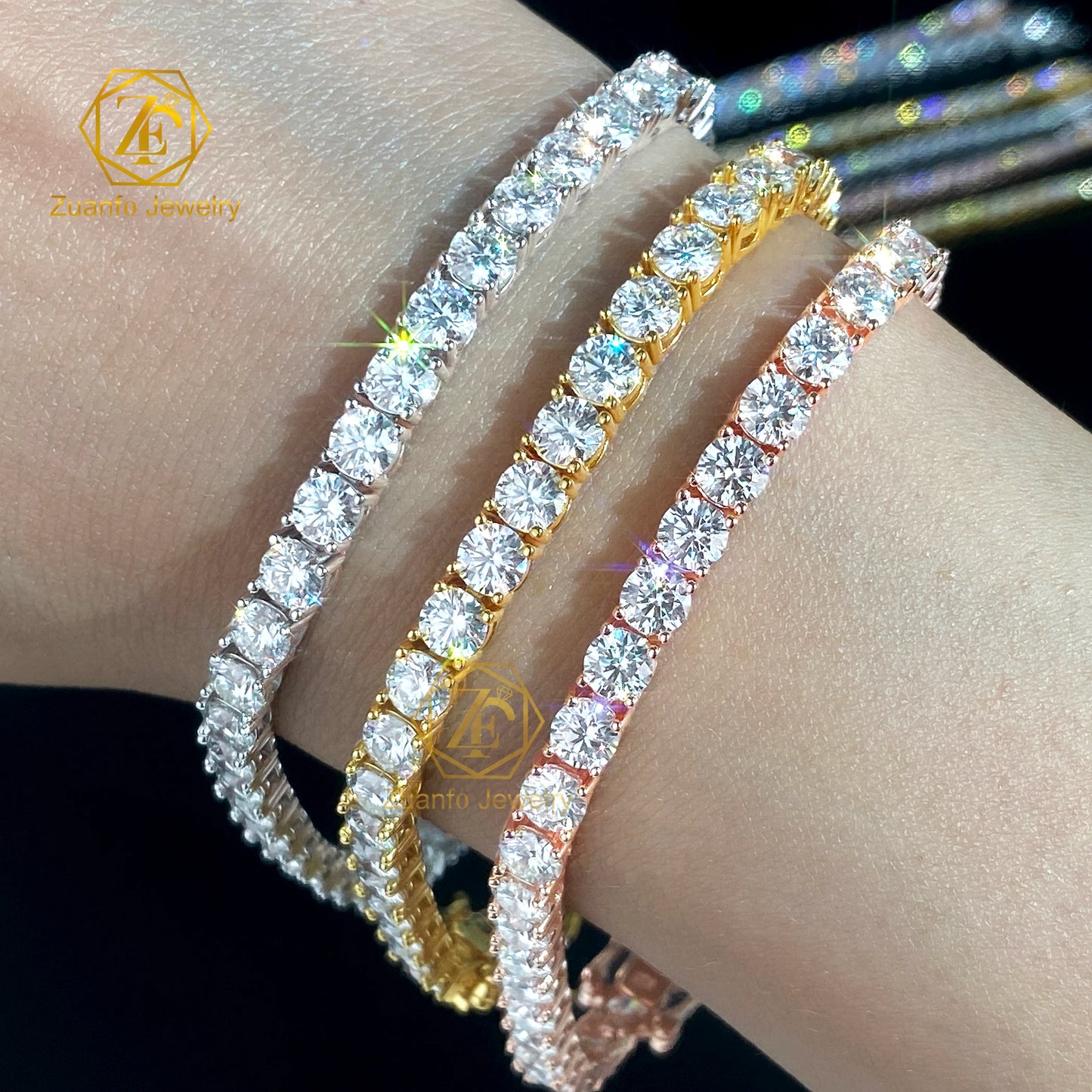 ZuanfoJewelry Customize Moissanite Chain 3/4/5mm 18k Gold Plated Silver Yellow Blue Green Hiphop Tennis Chain Bracelets