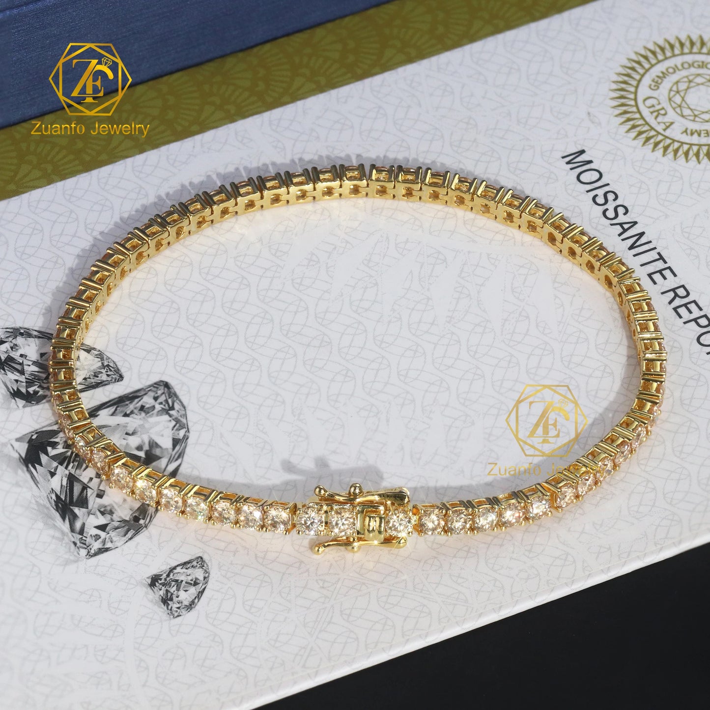 ZuanfoJewelry Customize Moissanite Chain 3/4/5mm 18k Gold Plated Silver Yellow Blue Green Hiphop Tennis Chain Bracelets