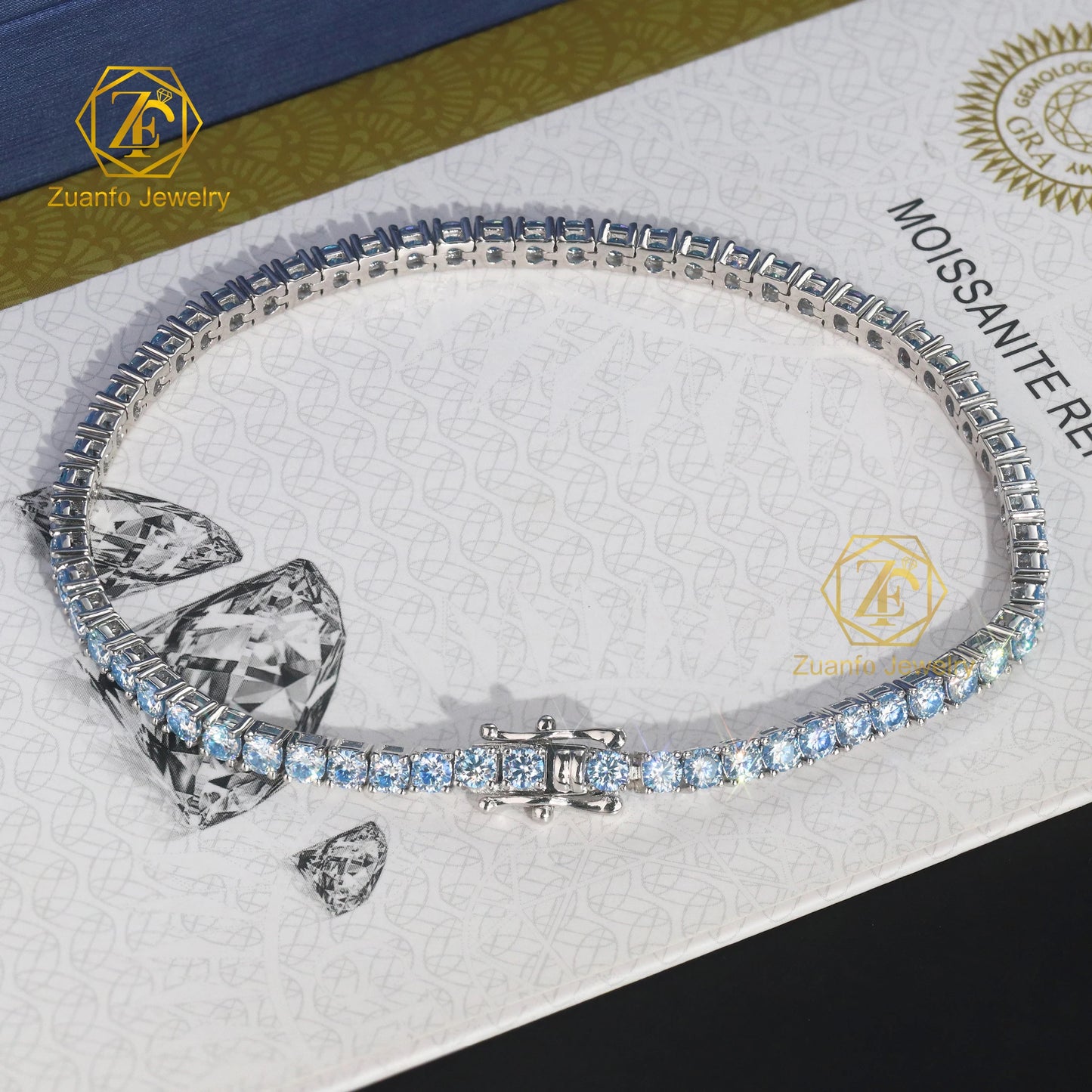 ZuanfoJewelry Customize Moissanite Chain 3/4/5mm 18k Gold Plated Silver Yellow Blue Green Hiphop Tennis Chain Bracelets