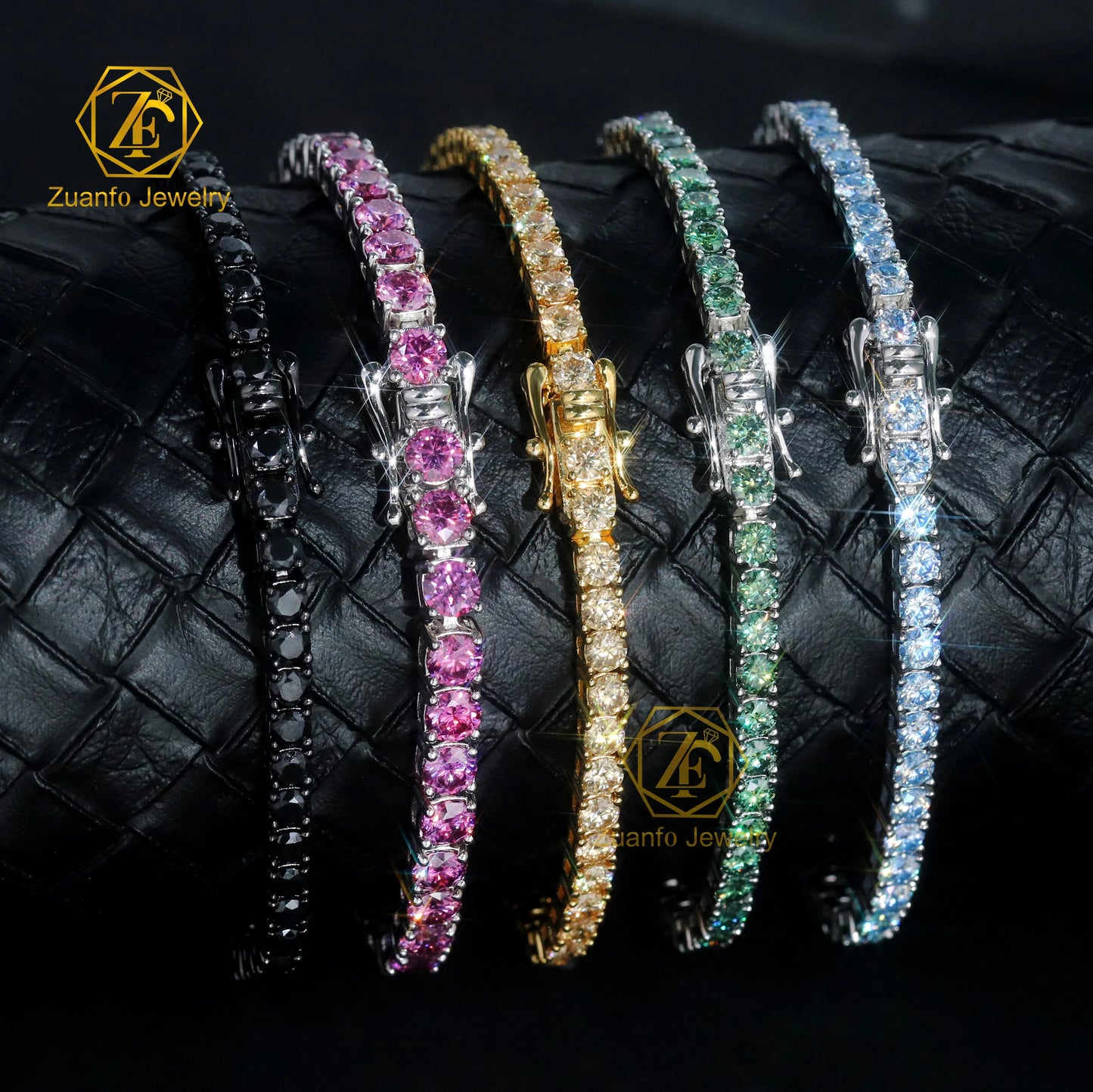 ZuanfoJewelry Customize Moissanite Chain 3/4/5mm 18k Gold Plated Silver Yellow Blue Green Hiphop Tennis Chain Bracelets