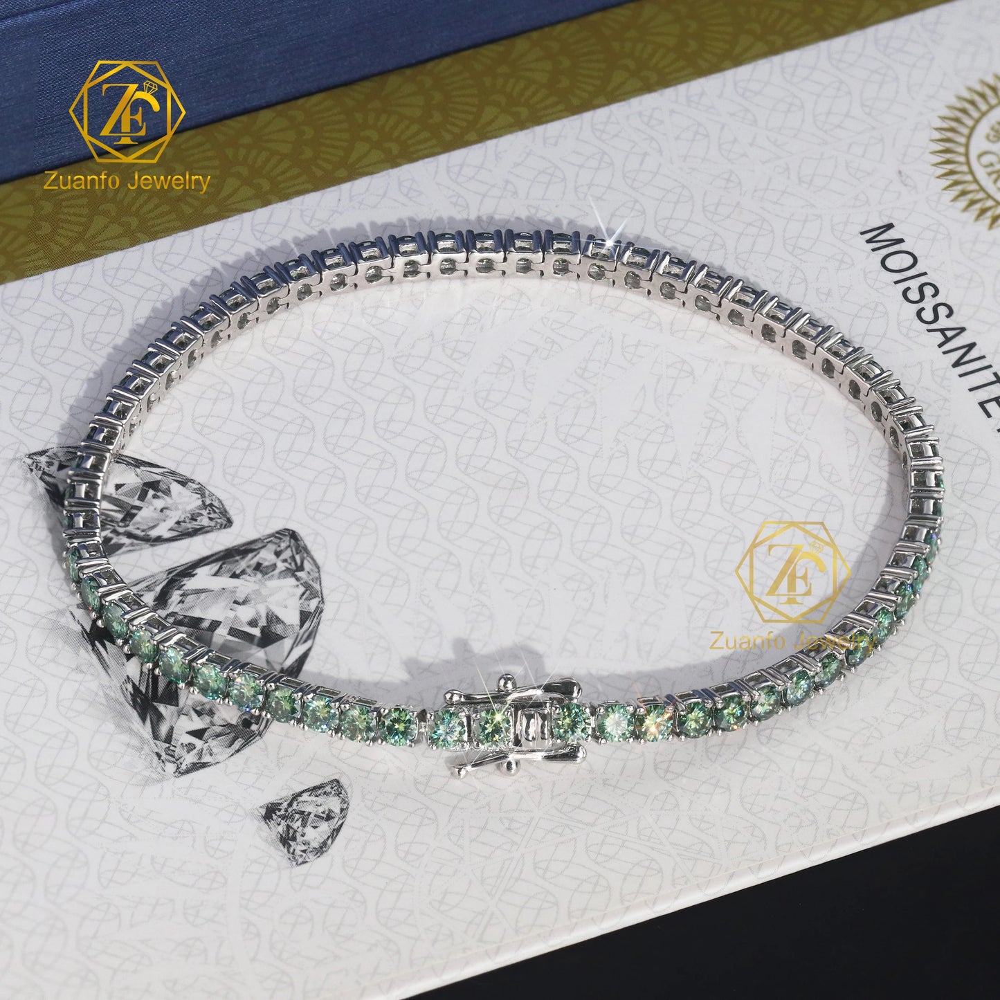 ZuanfoJewelry Customize Moissanite Chain 3/4/5mm 18k Gold Plated Silver Yellow Blue Green Hiphop Tennis Chain Bracelets